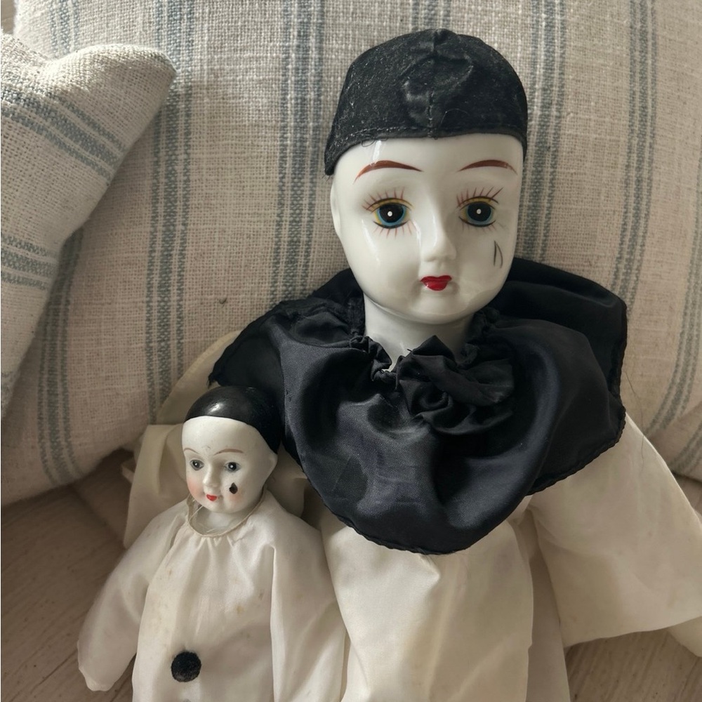 2 Vintage Porcelain Pierrot Clown Dolls in Black and White